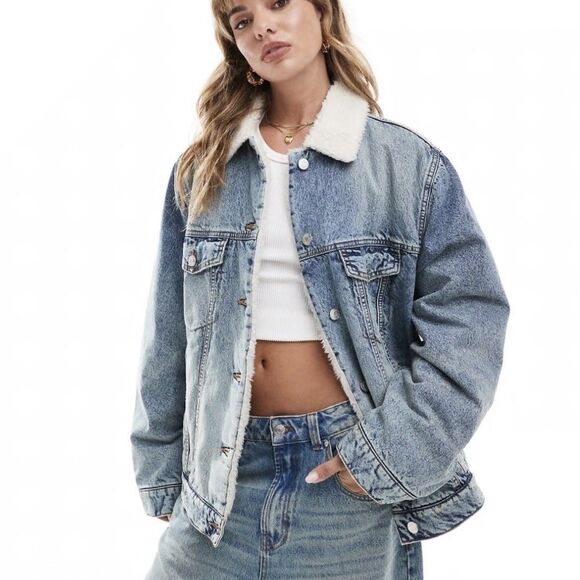 Asos Sz 2 Oversized Sherpa Neckline Faux Fur Trucker Jean Borg Denim Jacket - Picture 2 of 13